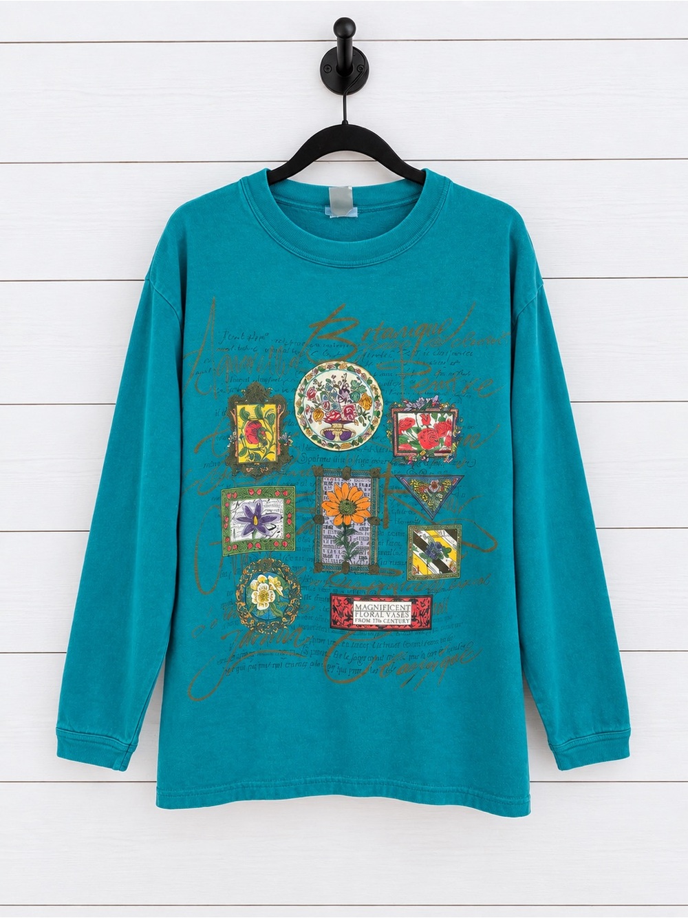 Vintage Cottagecore Teal Floral Graphic Long-Sleeve Sweatshirt